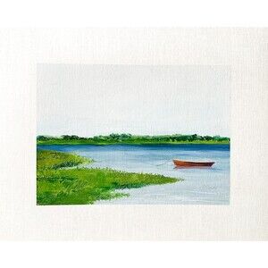 8x10 Maine Original Oil Painting Rowboat Calm Water Coastal Peaceful Art Signed